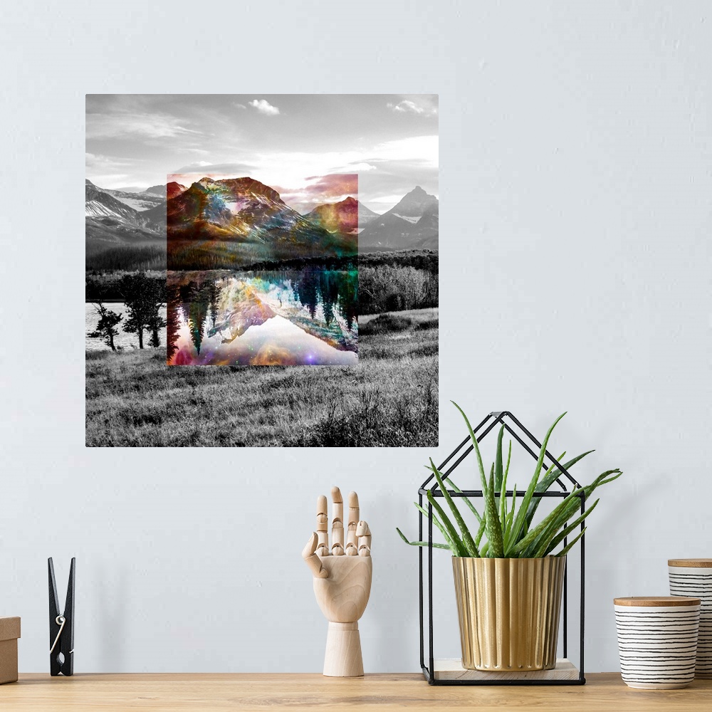 A bohemian room featuring Black and white landscape with a square of rainbow color in the center.