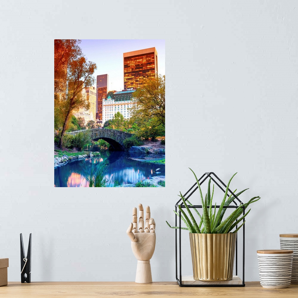 A bohemian room featuring Vividly colored photograph of a bridge over a stream in Central Park, with skyscrapers in the dis...