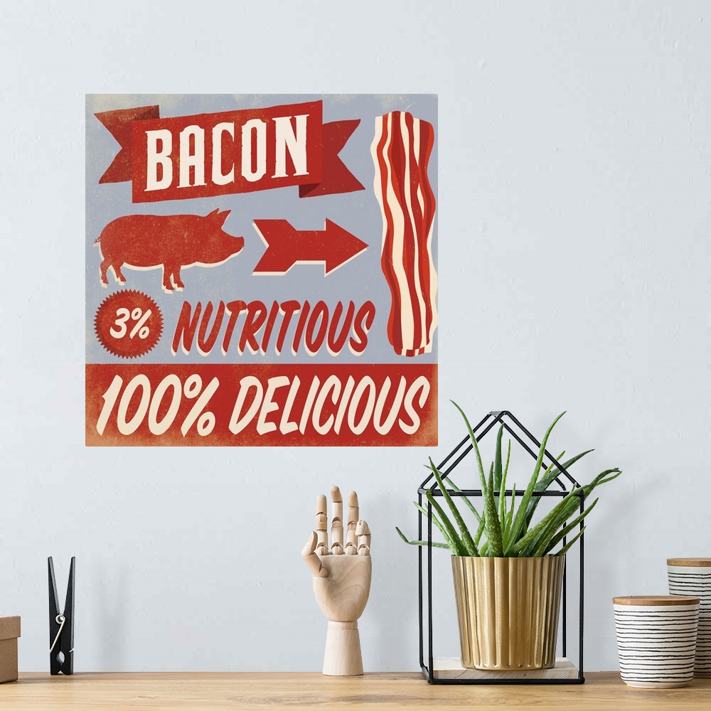 A bohemian room featuring Contemporary and humorous bacon themed artwork.