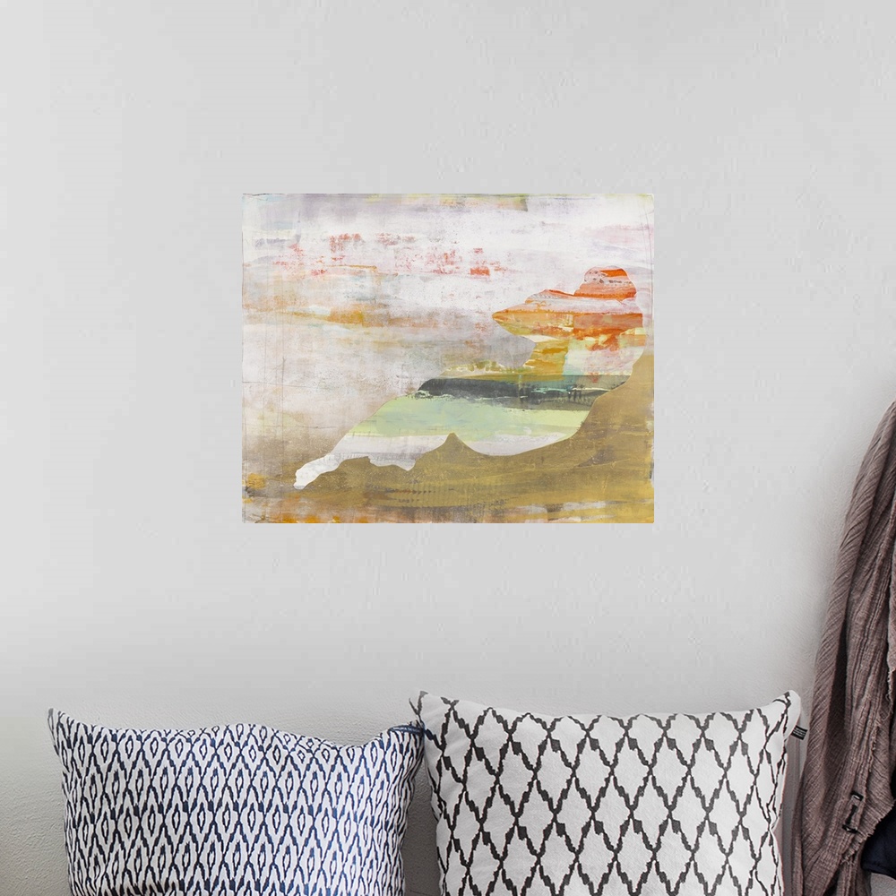A bohemian room featuring Colorful abstract painting with a silhouette of a woman relaxing in brighter hues.