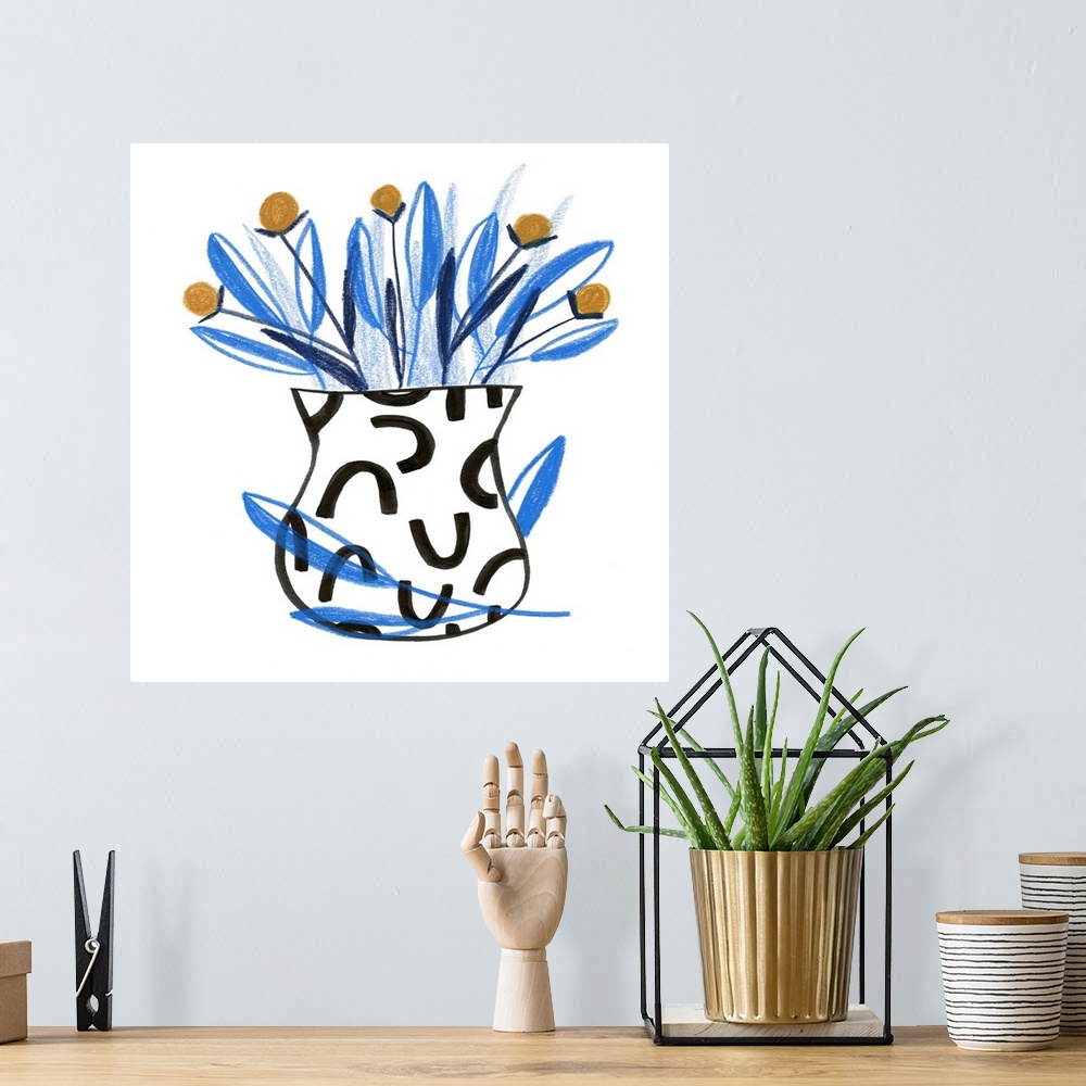 A bohemian room featuring Illustration of a patterned flower pot holding flowers with blue leaves.