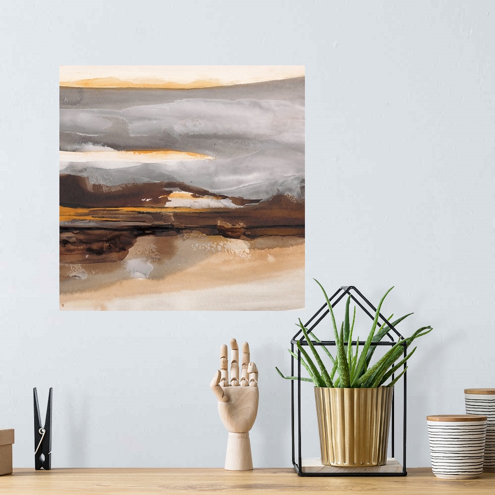 A bohemian room featuring Square abstract painting of a landscape created with wavy brushstrokes in shades of brown and grey.