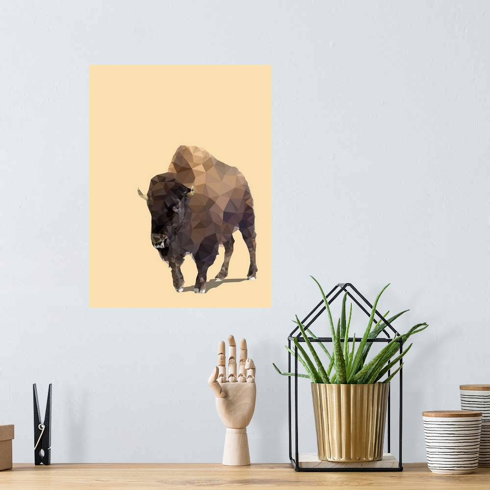A bohemian room featuring Illustration of a bison created using geometric shapes on a pale orange background