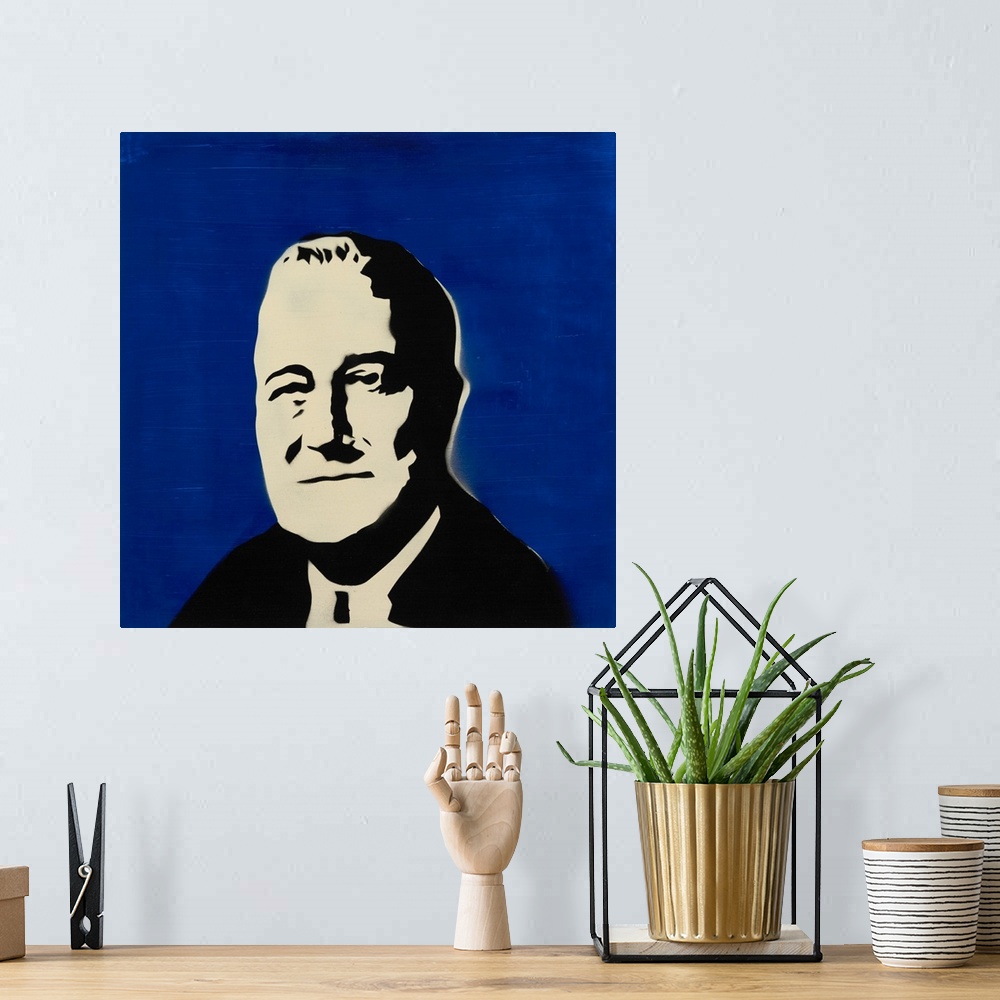 A bohemian room featuring Square spray art of Franklin Roosevelt on a bright blue background.