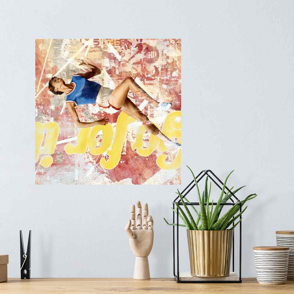 A bohemian room featuring Mixed media art- track and field