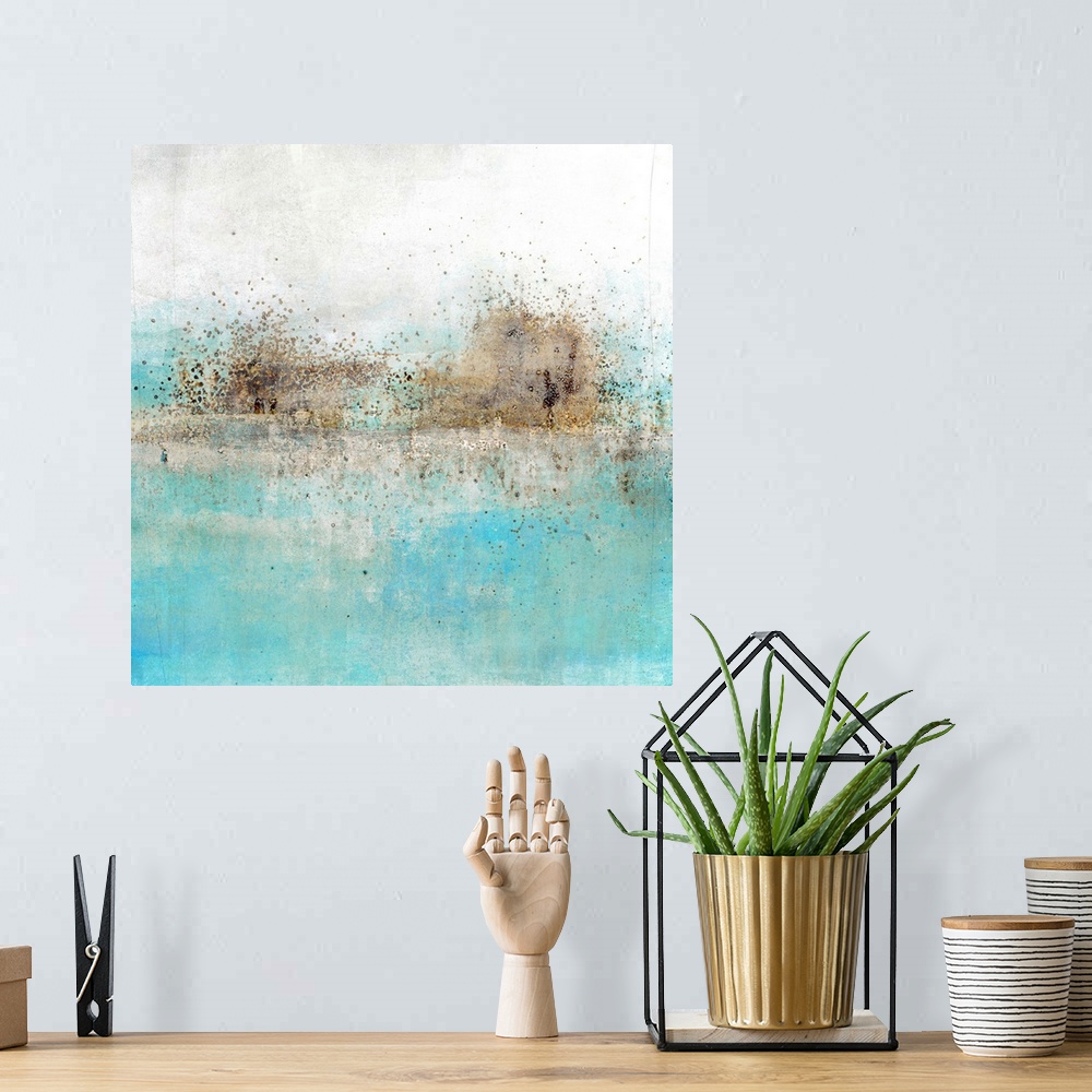 A bohemian room featuring Square abstract painting with a brown  paint splattered horizon line with light blue and grey hue...