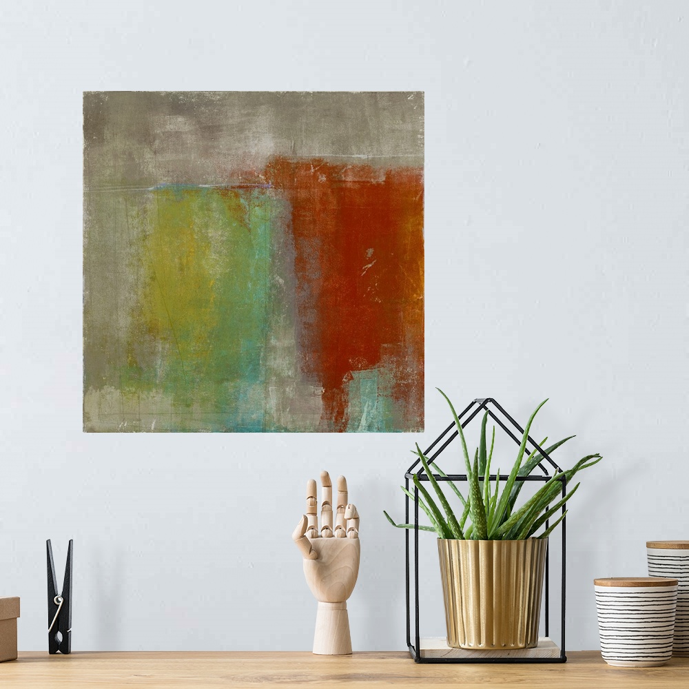 A bohemian room featuring Square abstract painting with a dark beige background and thick vertical yellow, green, blue, red...