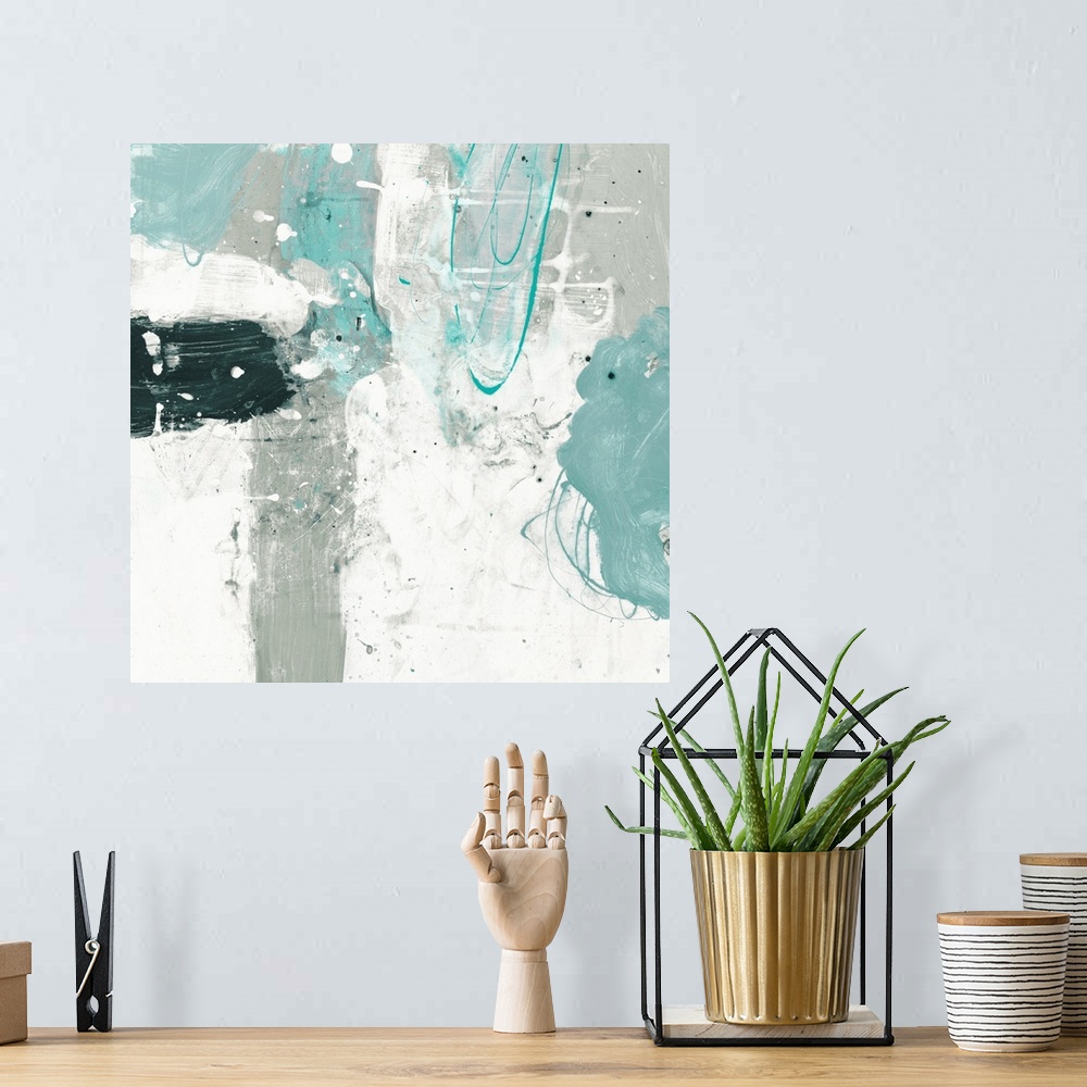 A bohemian room featuring A contemporary abstract painting using pale blue and off white.