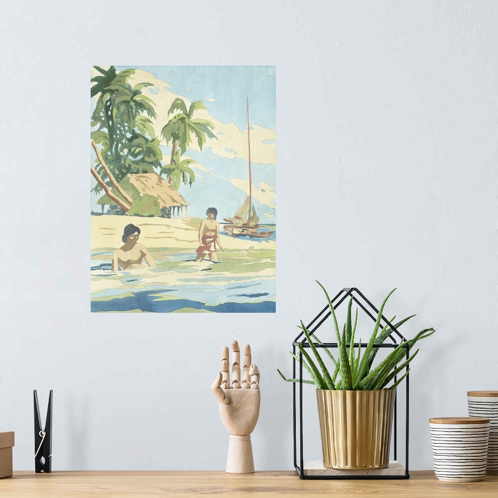 A bohemian room featuring Artwork of Polynesian islanders on the beach with traditional homes and boats.