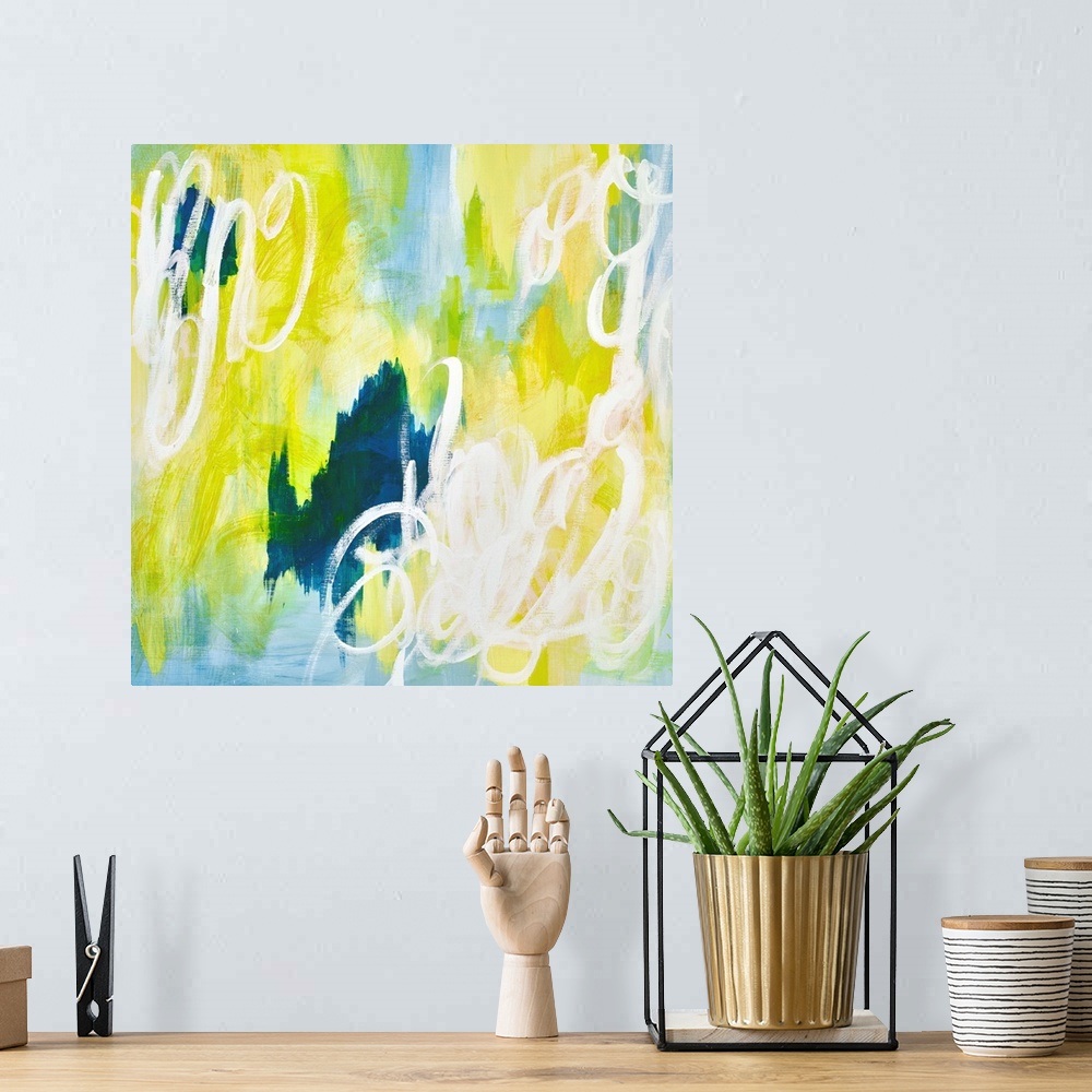 A bohemian room featuring Contemporary abstract retro stylized painting of white squiggles against a blue and neon yellow b...