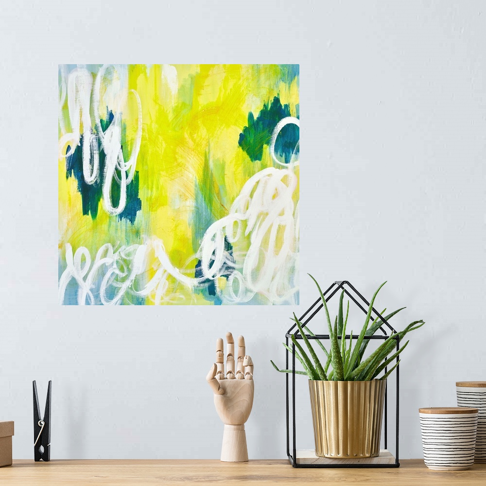 A bohemian room featuring Contemporary abstract retro stylized painting of white squiggles against a blue and neon yellow b...