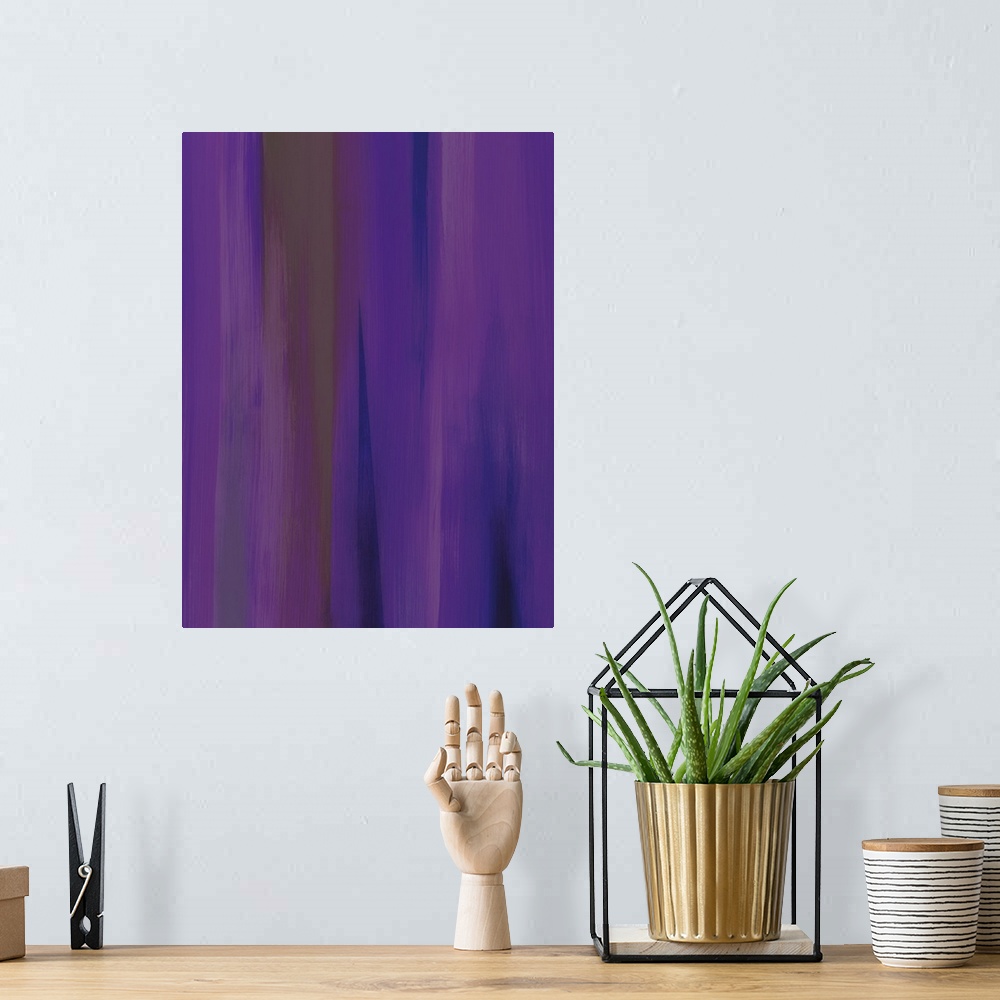 A bohemian room featuring A contemporary abstract painting of blurred purple vertical movement.