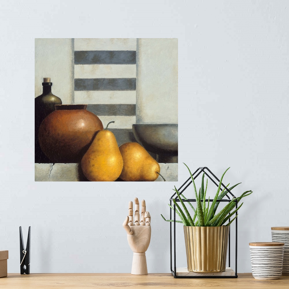 A bohemian room featuring A contemporary painting of a still life of vases and fruit.