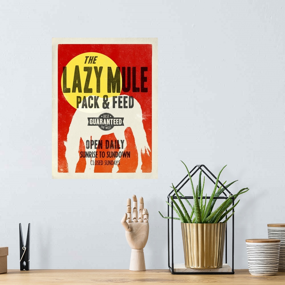 A bohemian room featuring Retro mid-century stylized poster artwork for animal feed.