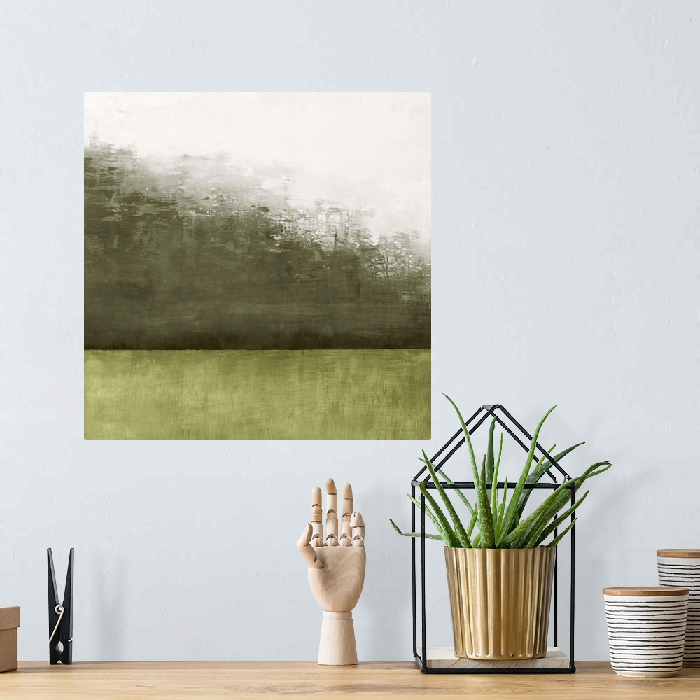 A bohemian room featuring Square abstract painting of a landscape in shades of green.