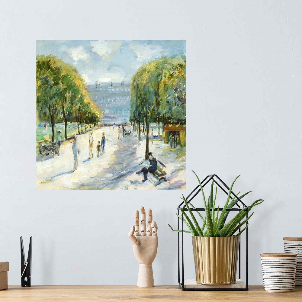 A bohemian room featuring A contemporary painting of a sunny day in Paris.