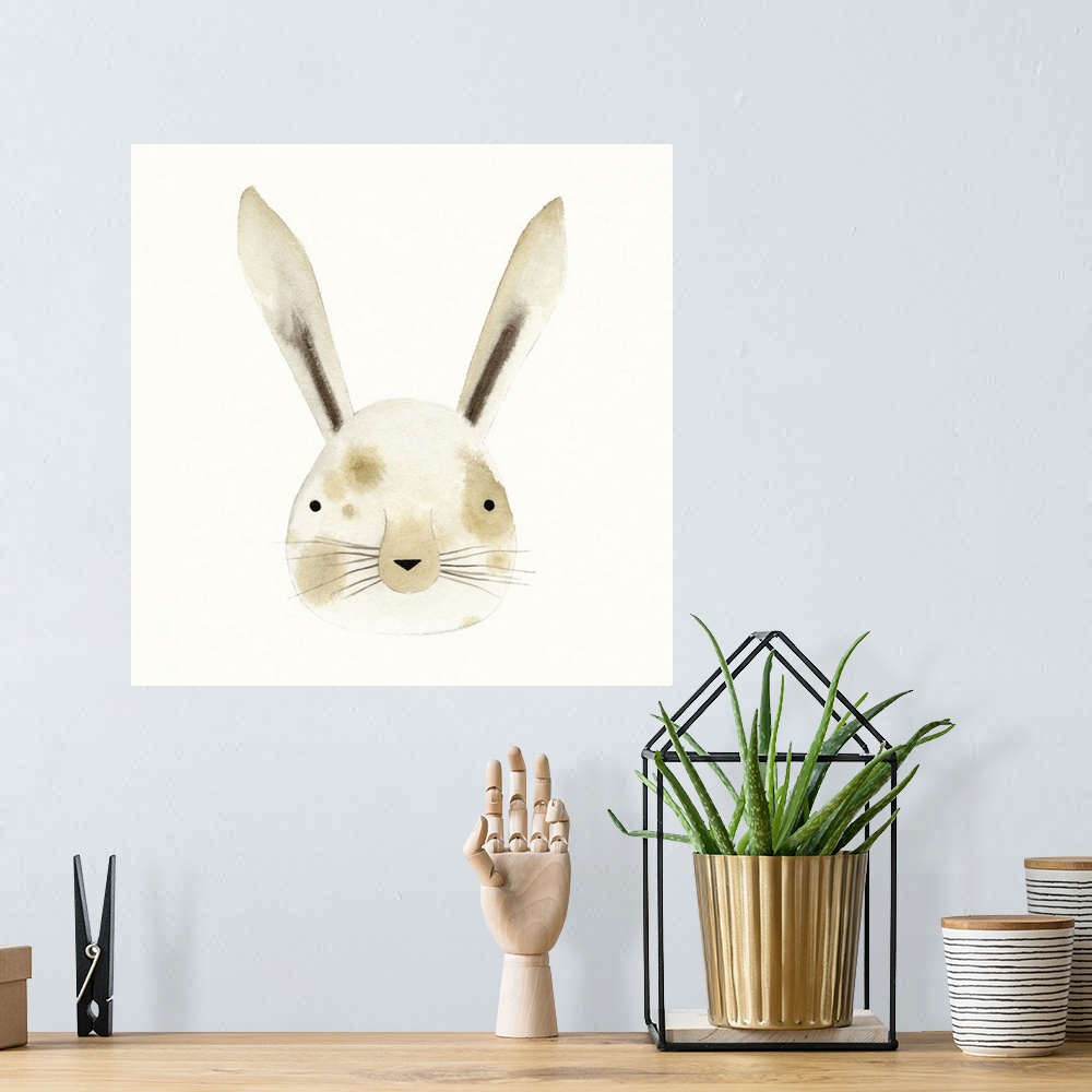 A bohemian room featuring Contemporary watercolor painting of a rabbit head against a white background.