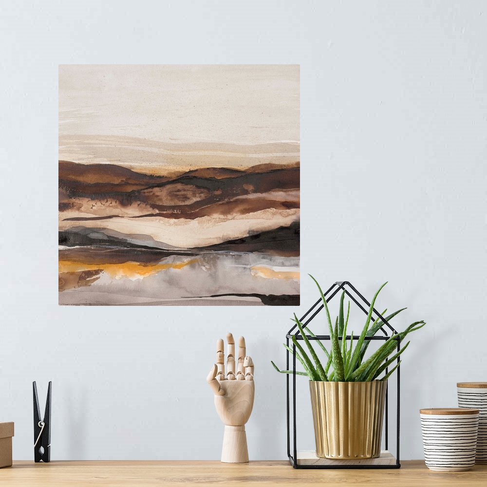 A bohemian room featuring Square abstract painting of a landscape created with wavy brushstrokes in shades of brown and grey.