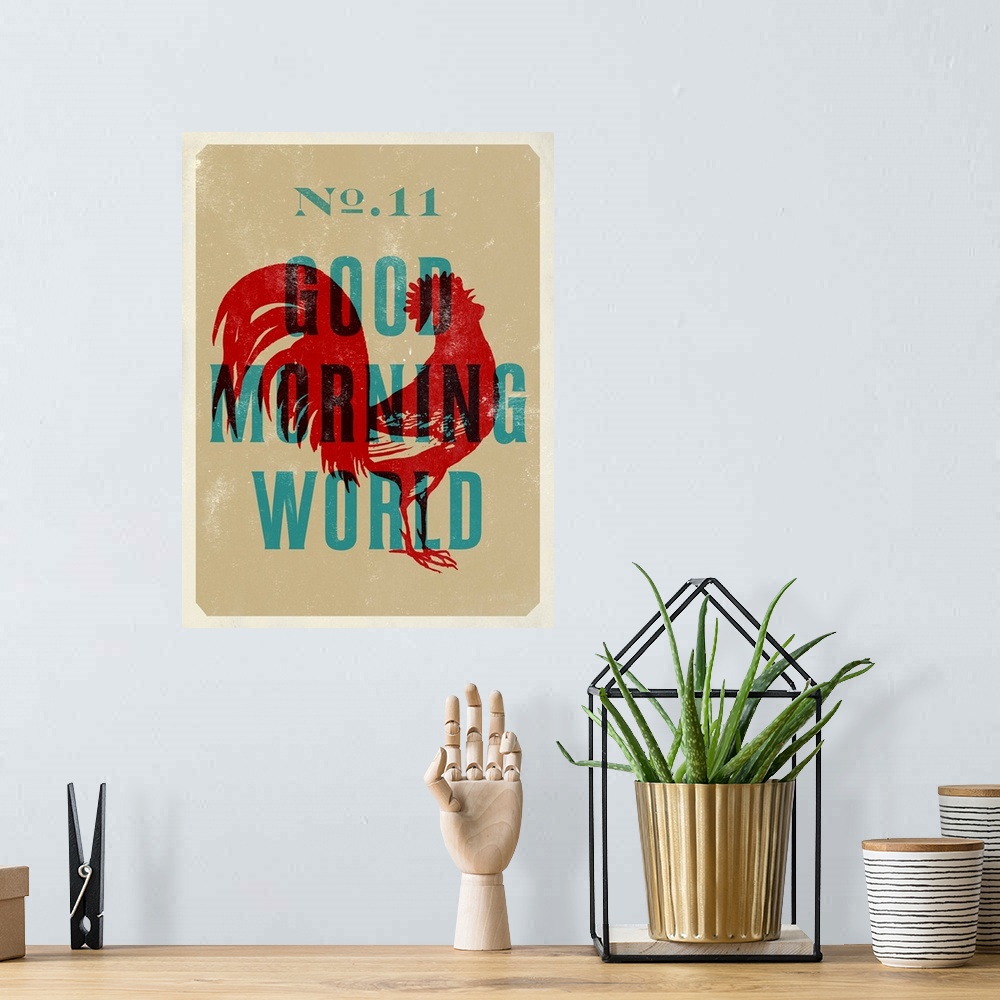 A bohemian room featuring Retro mid-century stylized poster art of a red rooster silhouette against a pale green background.