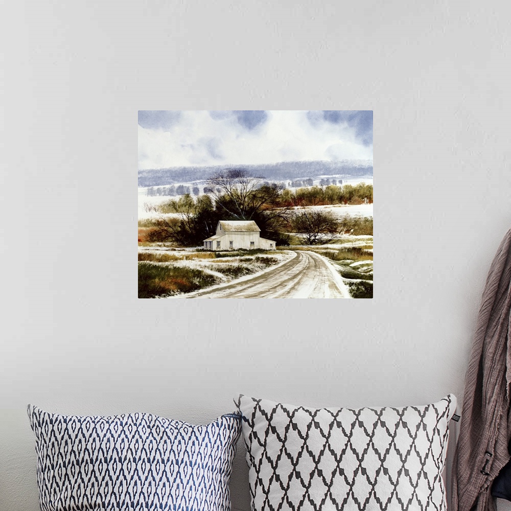 A bohemian room featuring Contemporary painting of a snow covered road leading to a white barn  on the countryside.