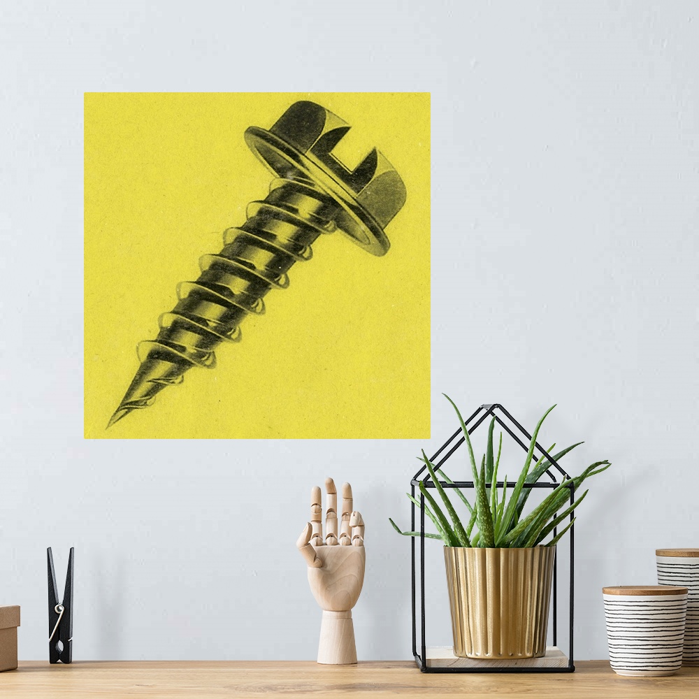 A bohemian room featuring Square art of a screw on a yellow background.
