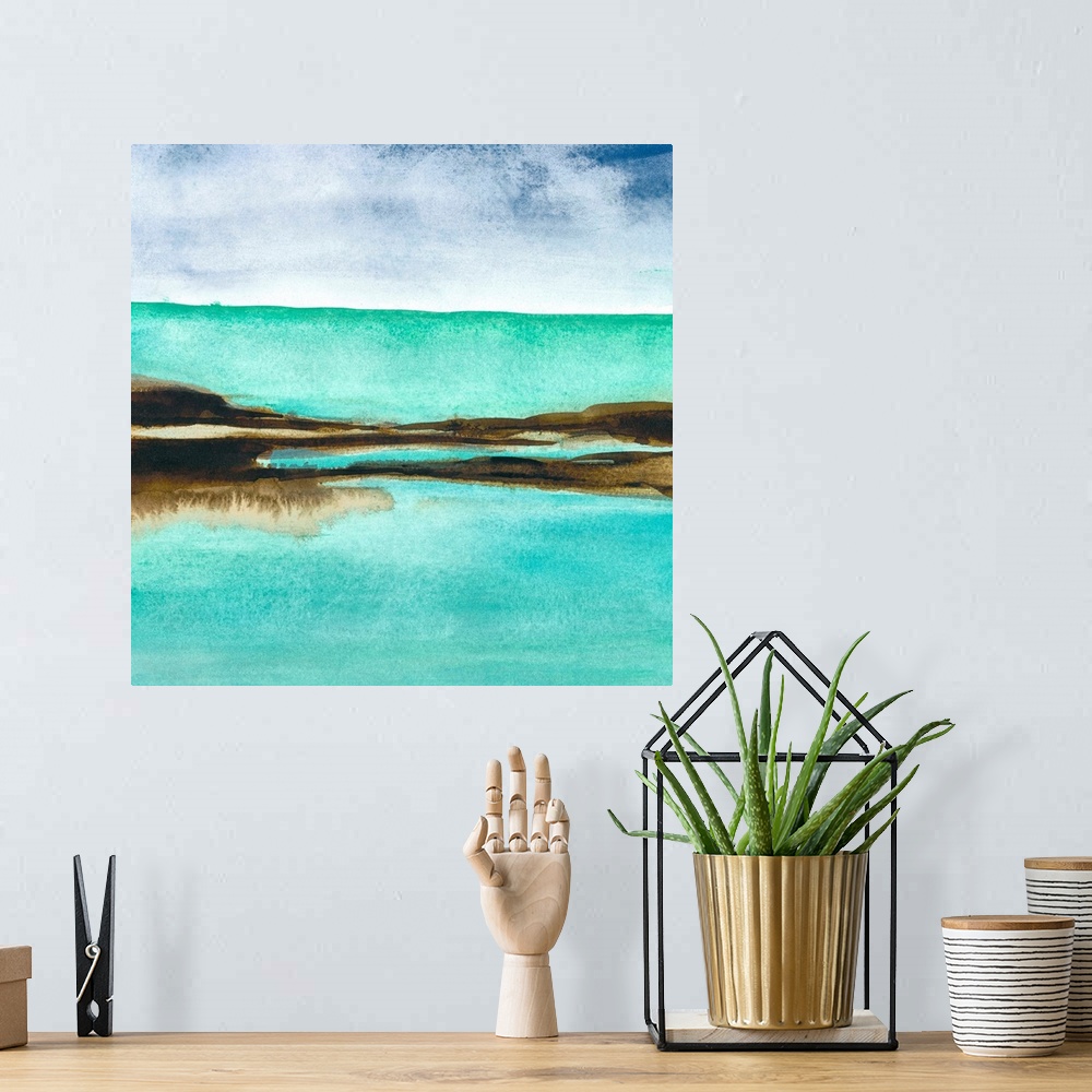 A bohemian room featuring Contemporary home decor artwork of a watercolor coastal painting.