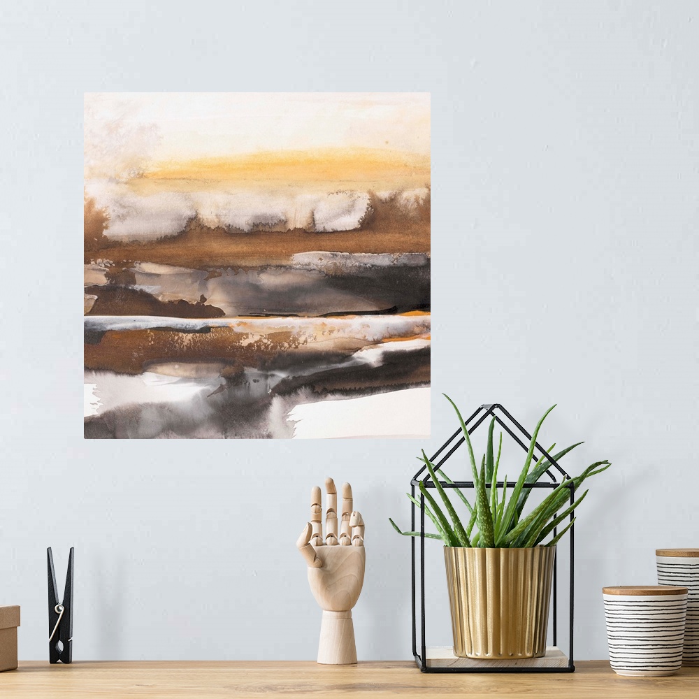 A bohemian room featuring Square abstract painting of a landscape created with horizontal brushstrokes in shades of brown a...
