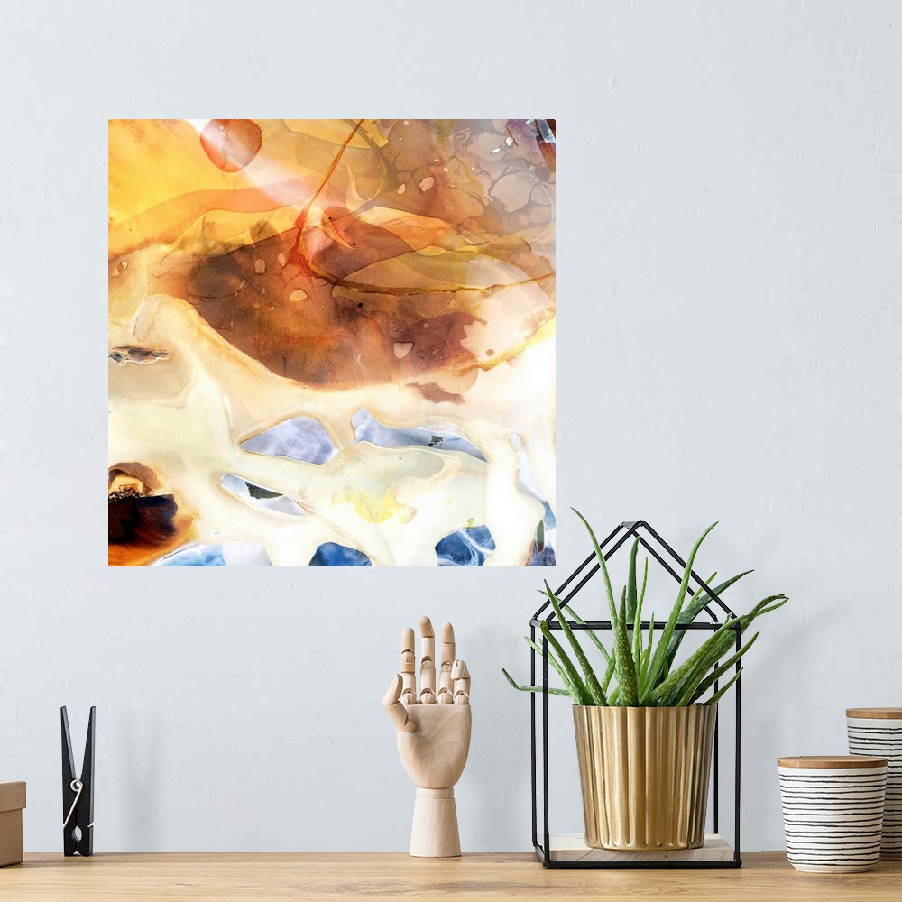A bohemian room featuring A contemporary abstract painting using muted tones and resembling geological close-ups.