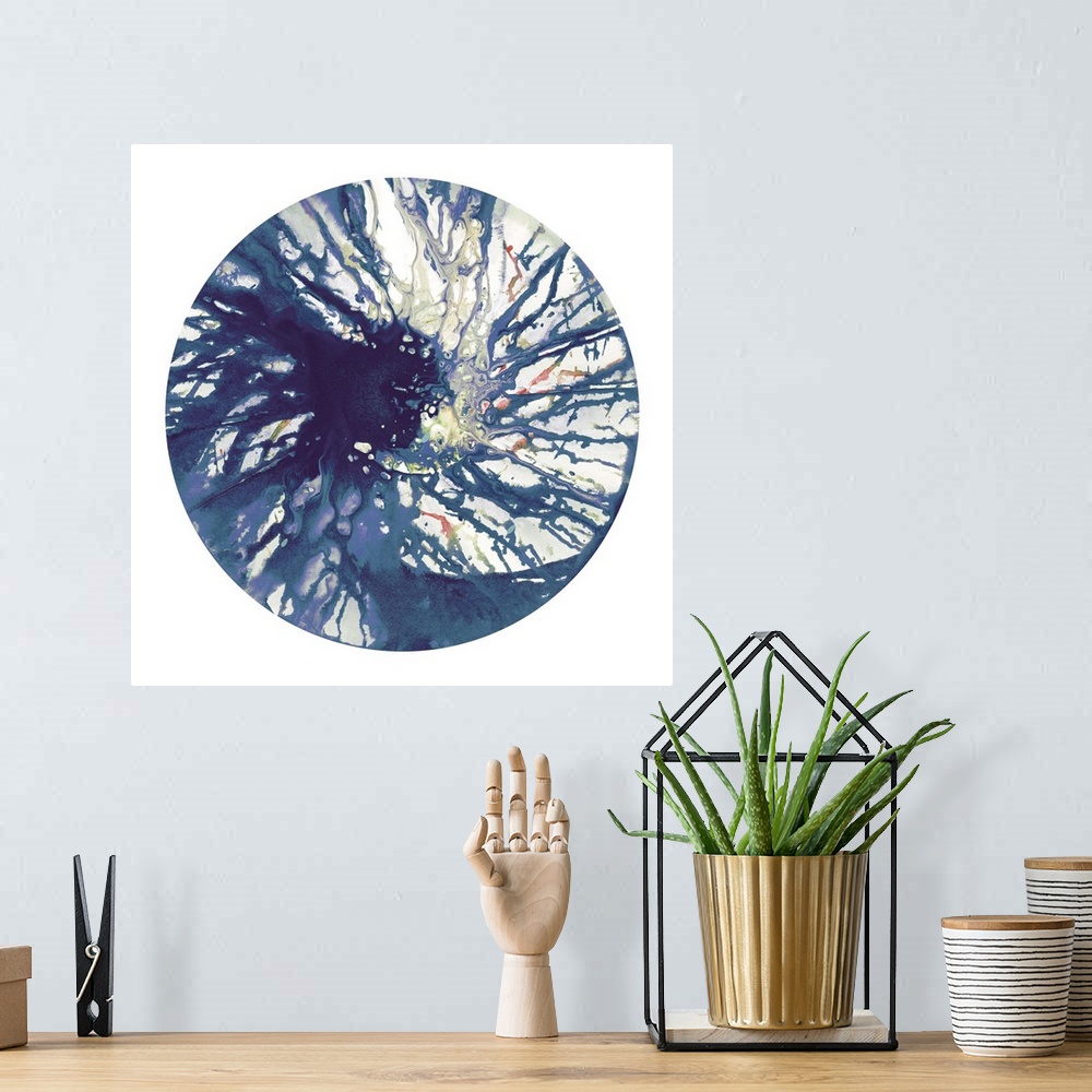 A bohemian room featuring Square abstract spiral spin art inside a circle on white background in shades of blue, green, pur...