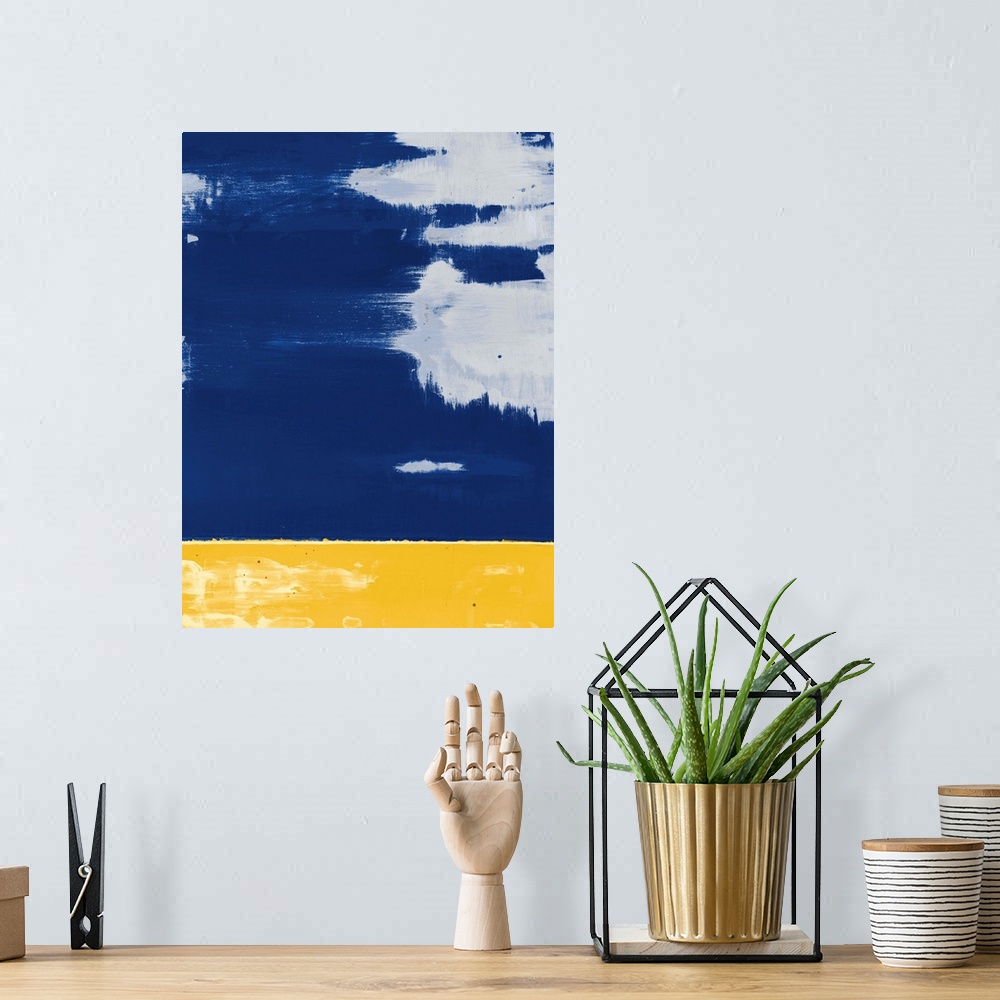 A bohemian room featuring Contemporary asymmetrical abstract painting with a sectioned yellow bottom and a blue top with gr...