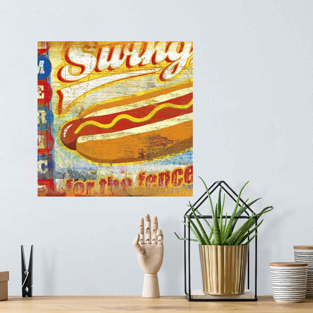 A bohemian room featuring Vintage poster of a cartoon like hot dog with faded text surrounding it.