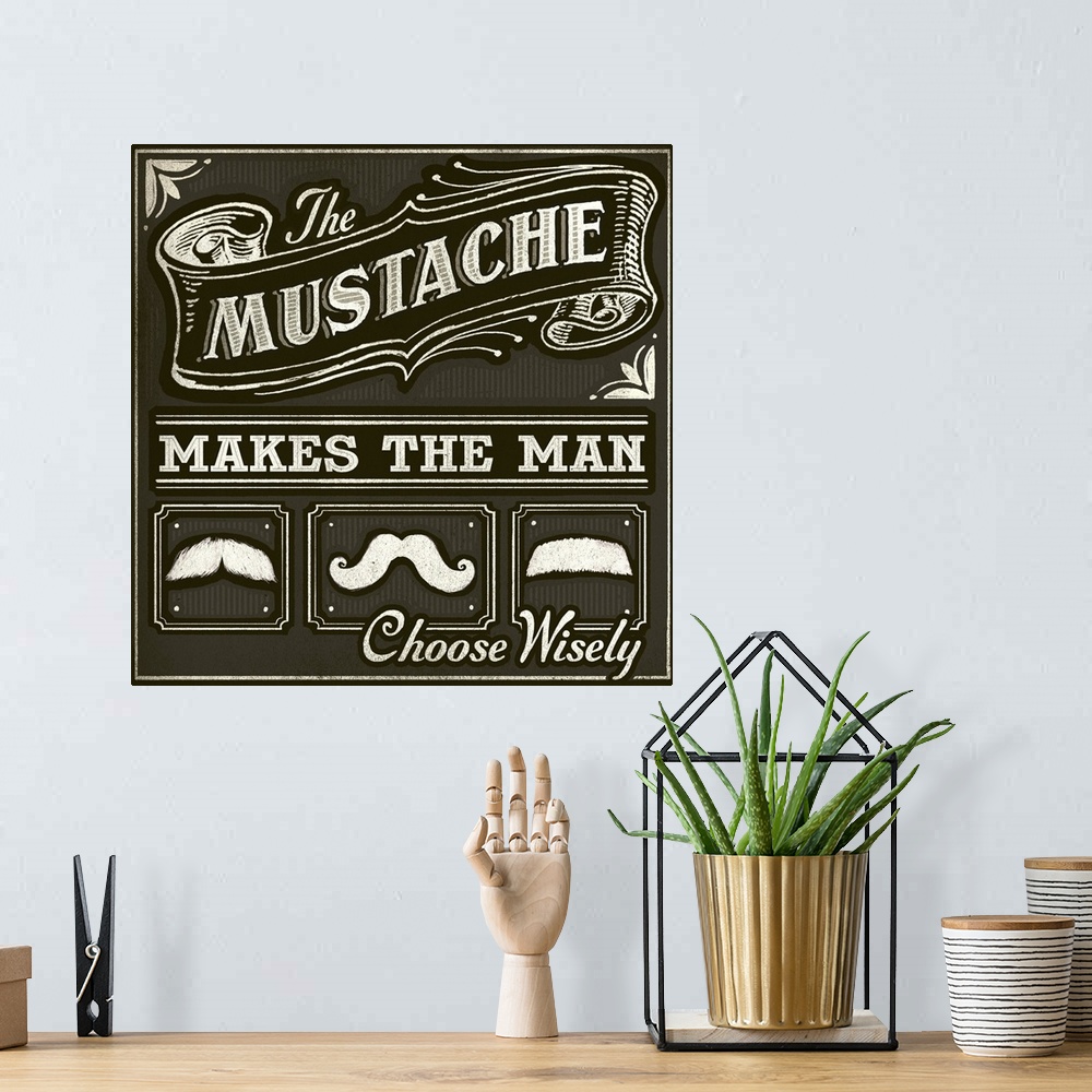 A bohemian room featuring Contemporary chalkboard artwork of a different styles of mustaches.