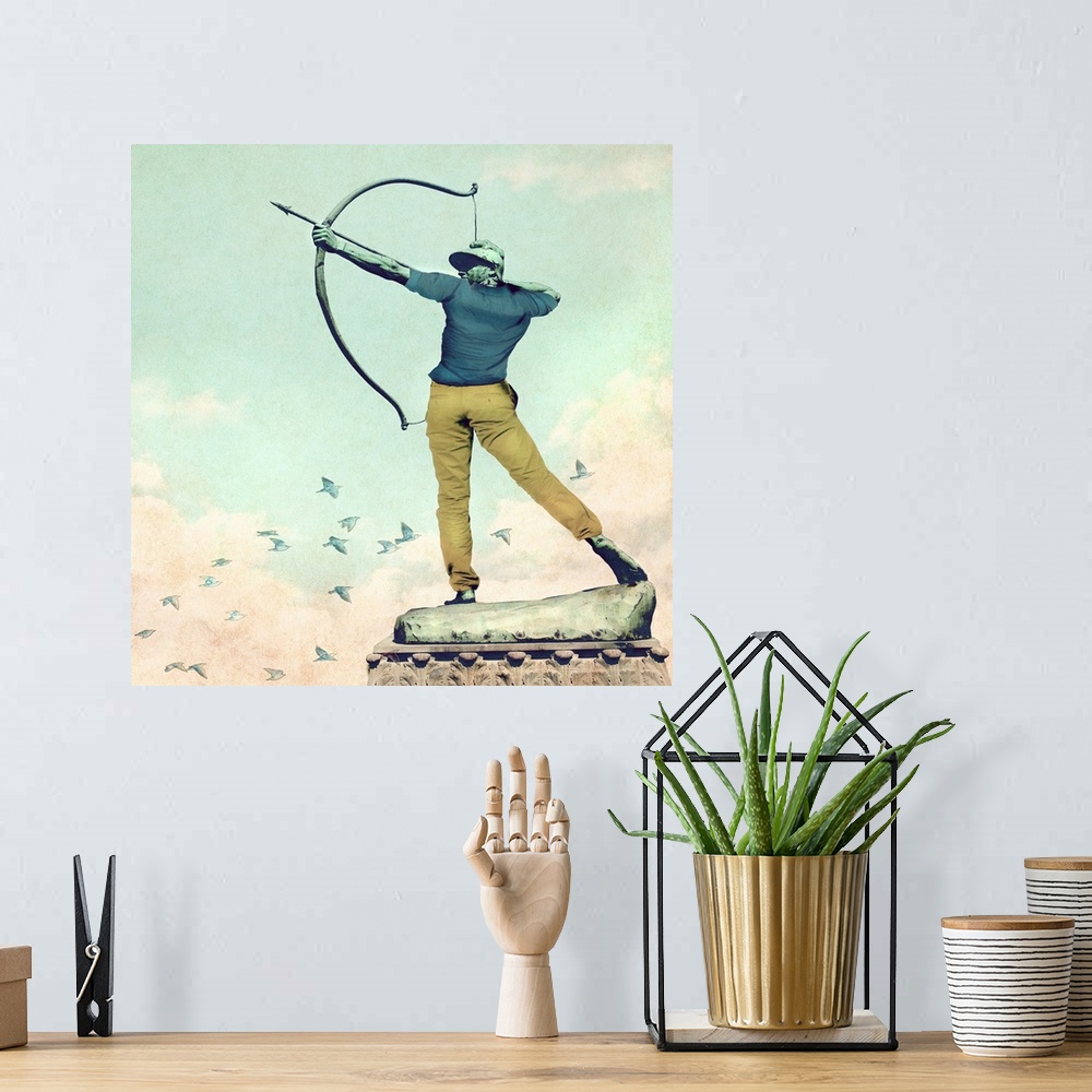 A bohemian room featuring Humorous illustration of a statue shooting a bow and arrow dressed up in clothes.