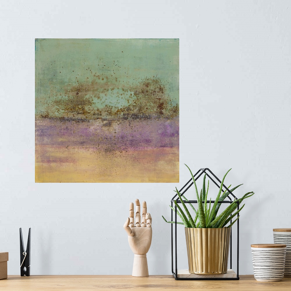 A bohemian room featuring Square abstract painting with brown paint splatter in the center, a sea-foam green top, and a pur...