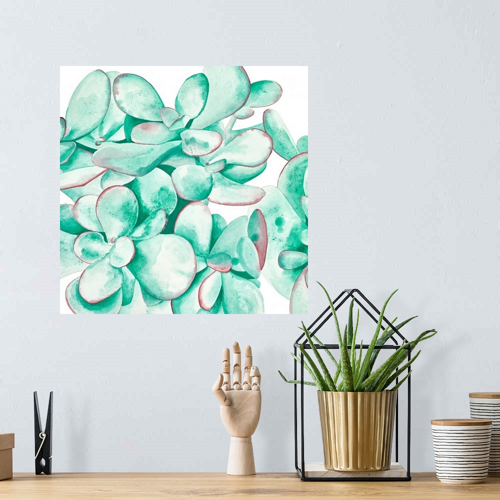 A bohemian room featuring Watercolor painting of a close up succulent in turquoise.