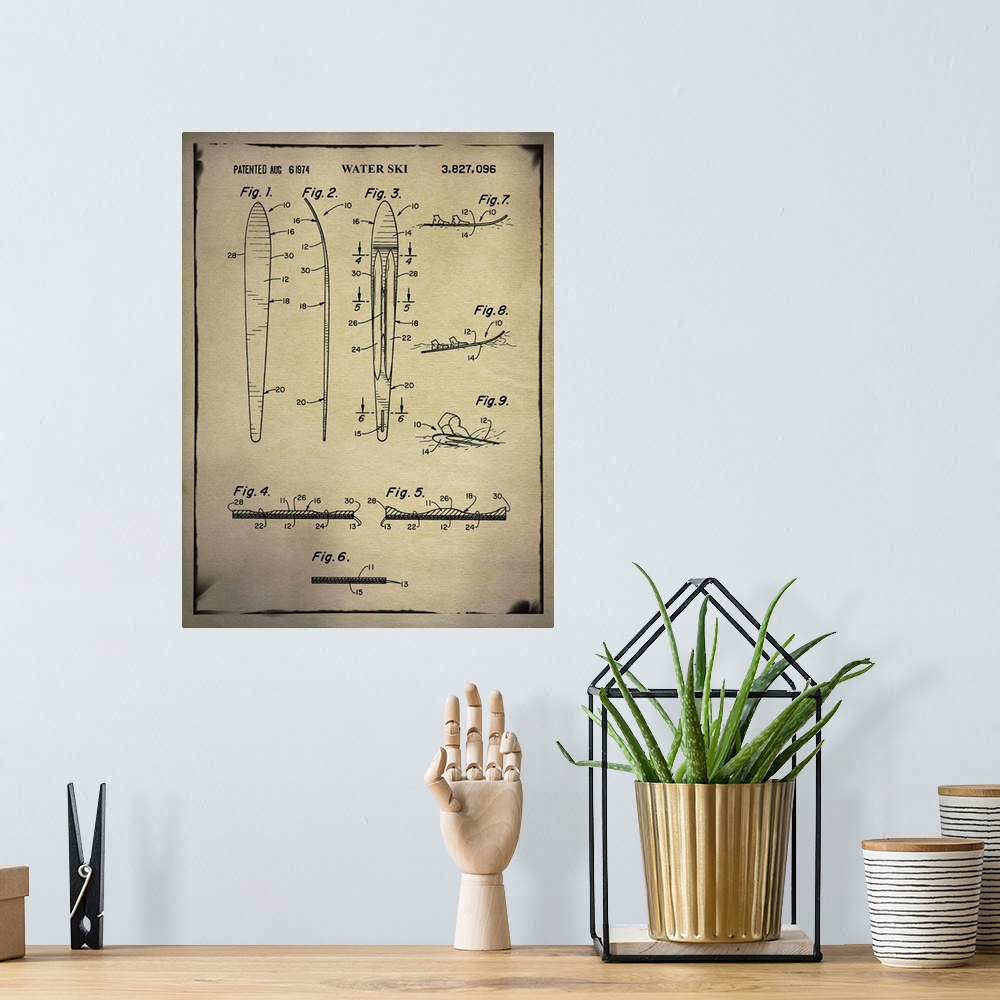 A bohemian room featuring Blueprint diagram depicting the parts of a water ski.