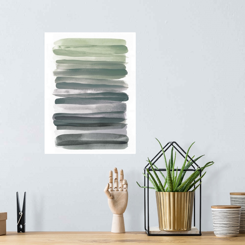 A bohemian room featuring Several horizontal watercolor brush strokes in shades of green and gray.
