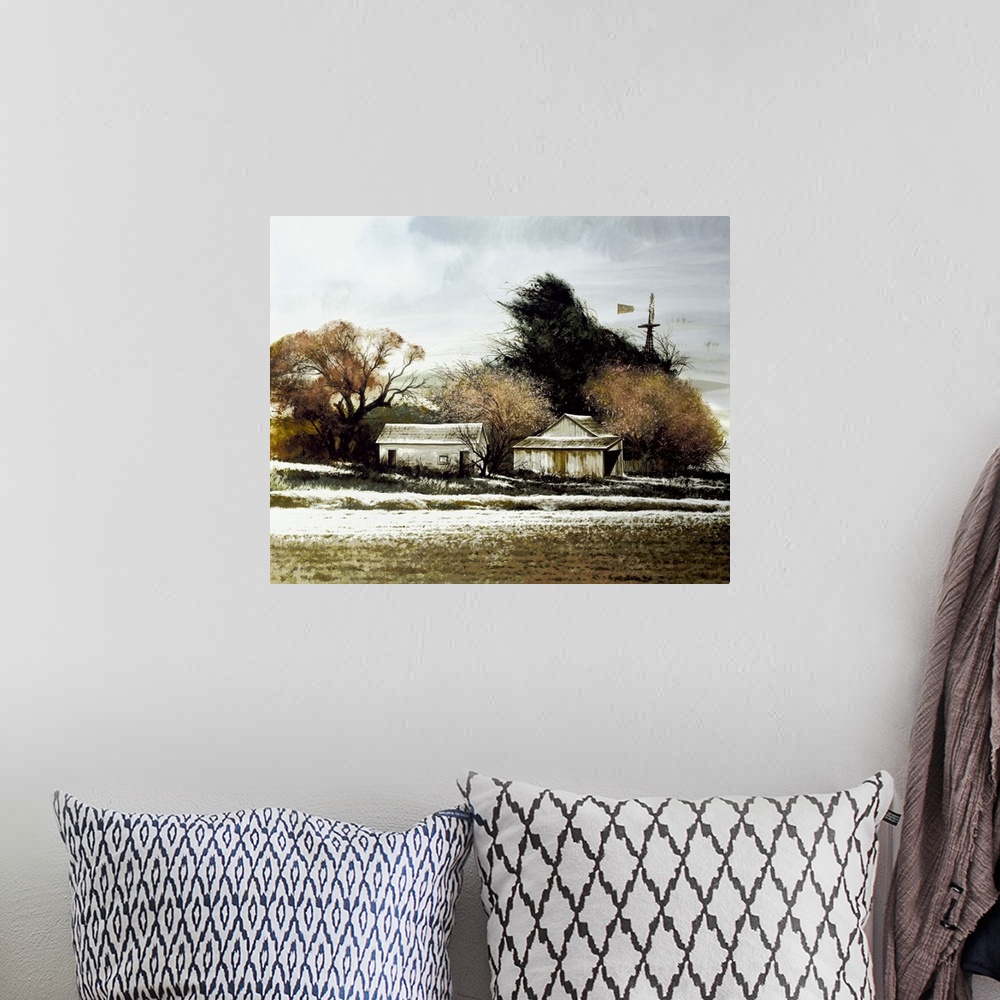 A bohemian room featuring Contemporary painting of a rural landscape with white barns and a snow covered field.