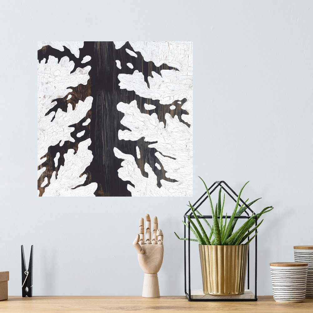 A bohemian room featuring A contemporary abstract painting using wood tones in the formation of a tree with spindly branche...