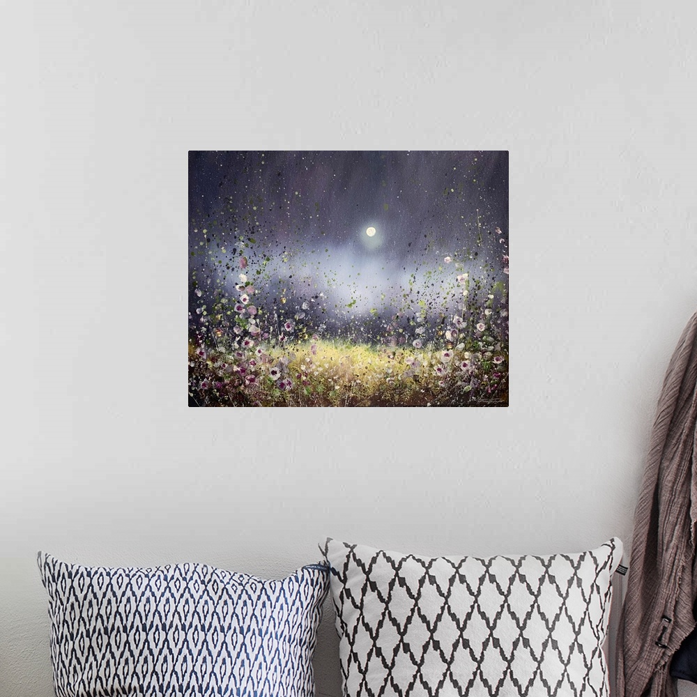 A bohemian room featuring A transitional style painting of sparse wildflowers under a night sky with a full moon. Painted i...