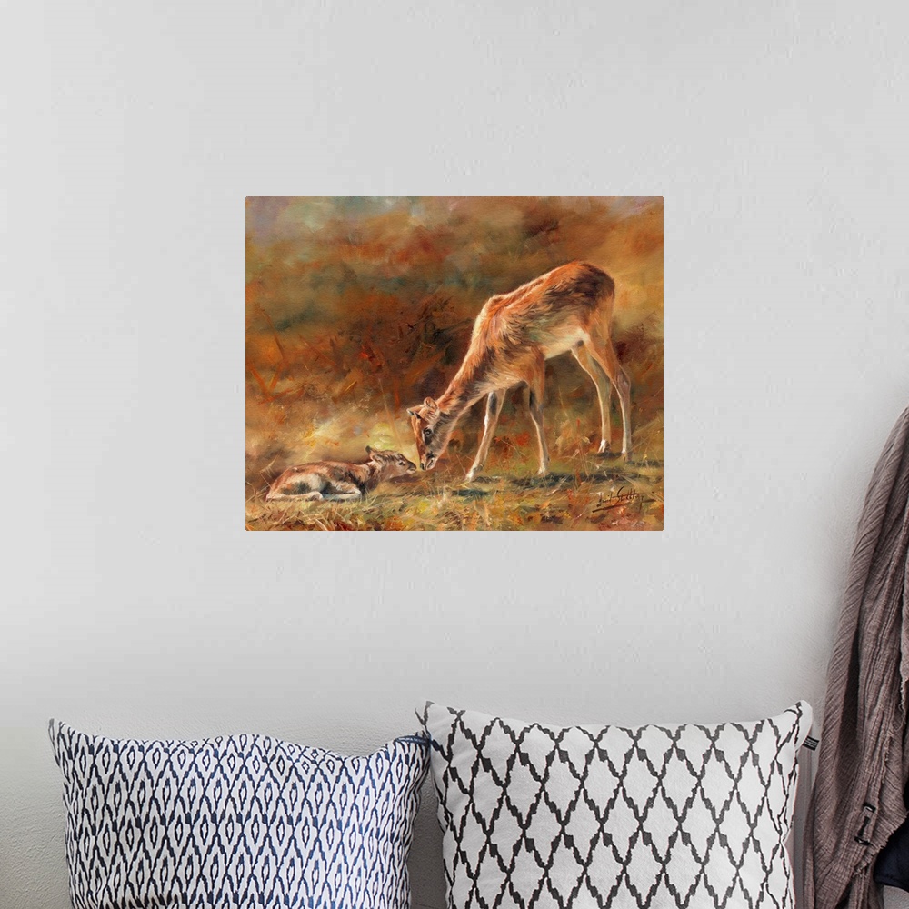 A bohemian room featuring Nile Lechwe and newborn. Originally oil on canvas.