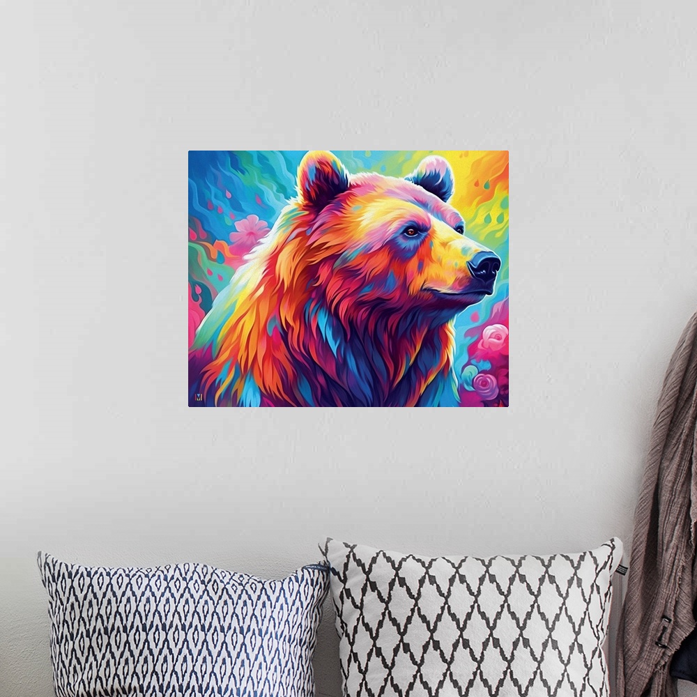A bohemian room featuring Rainbow Bear