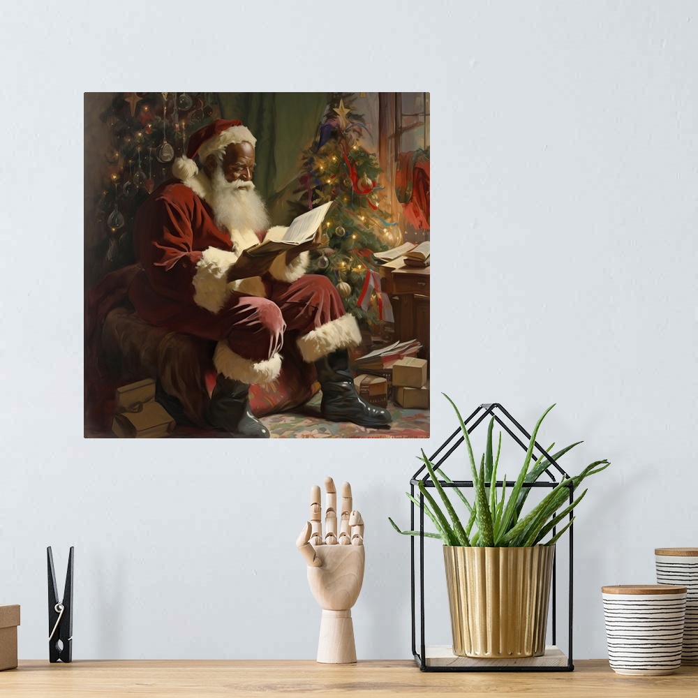 A bohemian room featuring Santa Checking His List By Fire Light