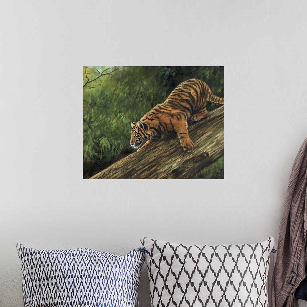 A bohemian room featuring Originally an oil painting on canvas depicting an Amur Tiger descending a tree trunk.