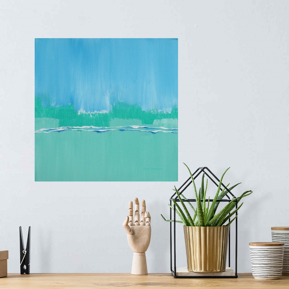 A bohemian room featuring Abstract painting representing an arctic landscape in shades of blue, green, and white on a squar...