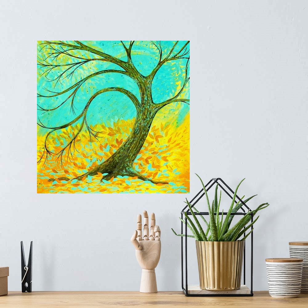 A bohemian room featuring Painting of a single curved tree with yellow and gold Autumn leaves blowing in a swirl in the bac...