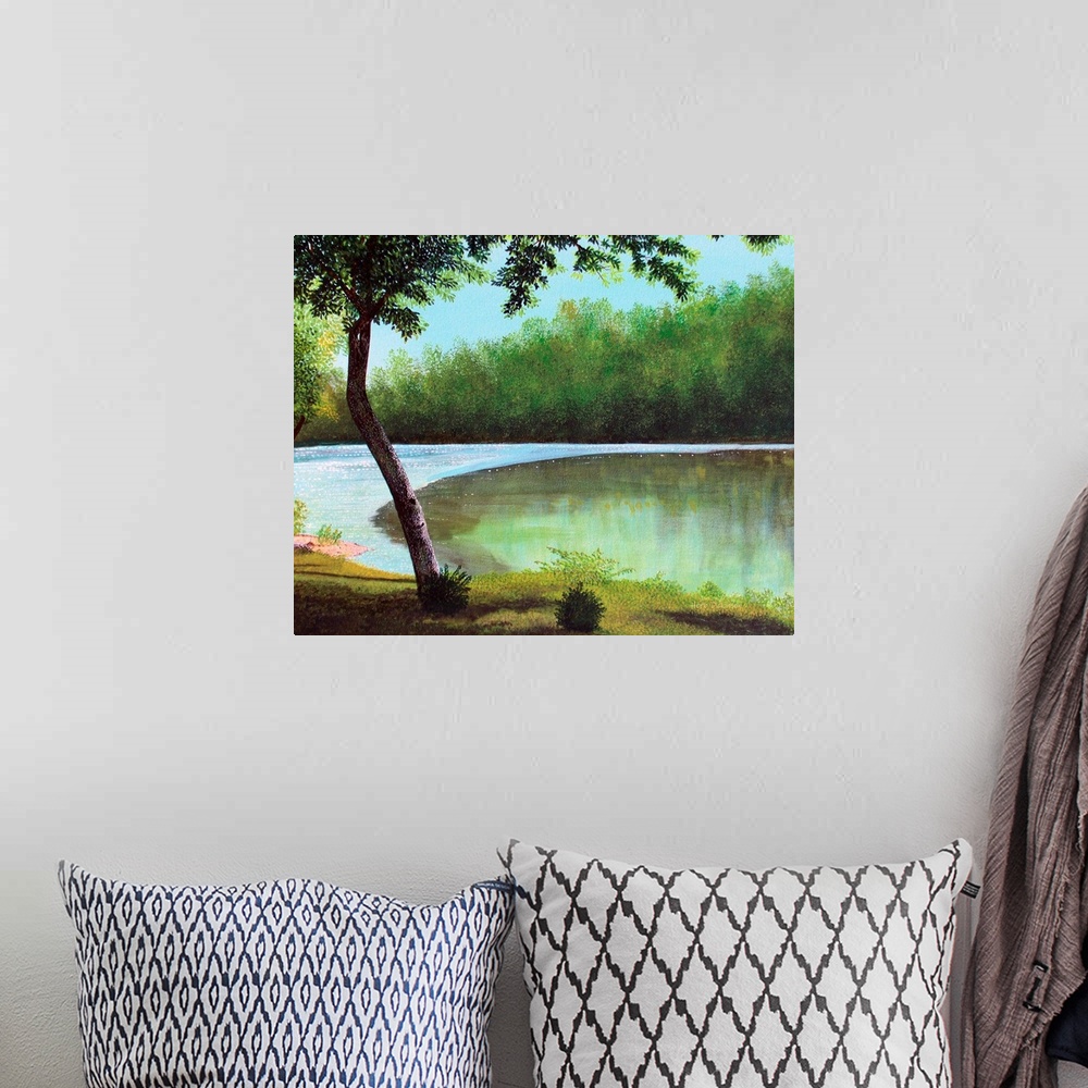 A bohemian room featuring Landscape painting of a riverside with lush greenery.