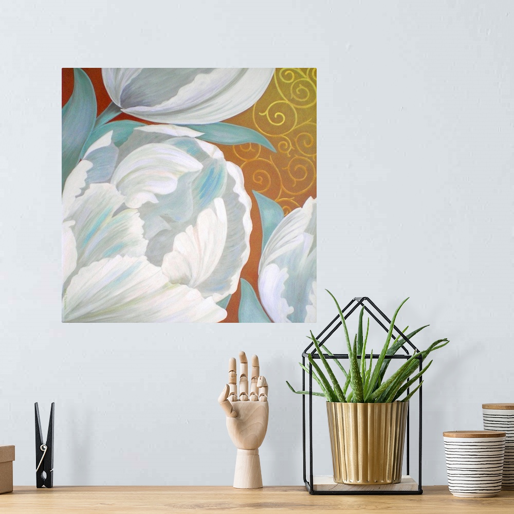 A bohemian room featuring Square artwork with white tulips that have light blue highlights and leaves on a decorative red, ...