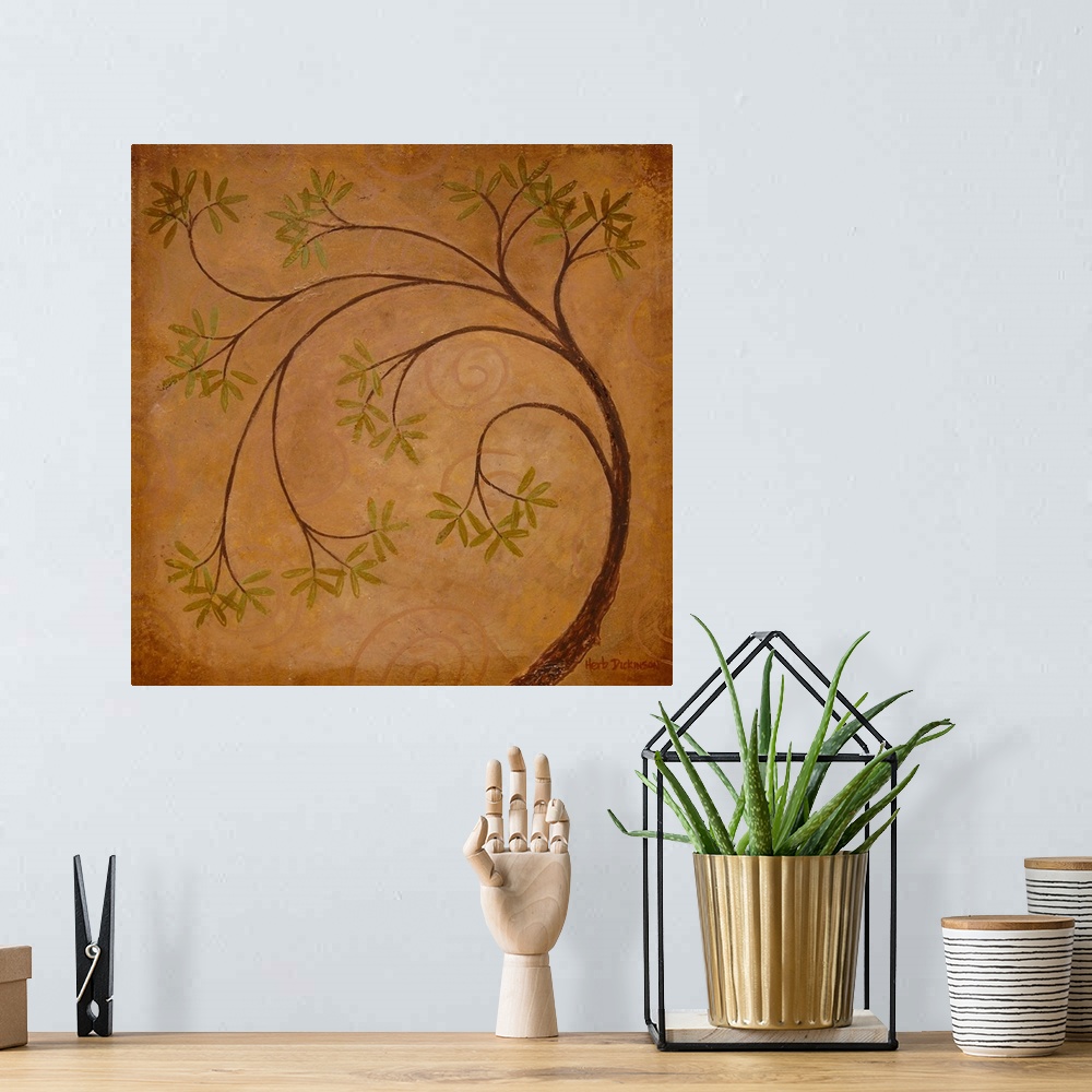 A bohemian room featuring Square painting of a loose tree with green leaves on a brownish orange background.