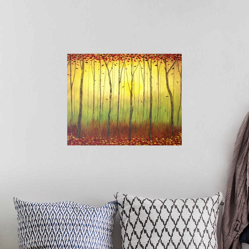A bohemian room featuring Contemporary painting of an Autumn forest with leaves falling from tall, skinny trees, with yello...